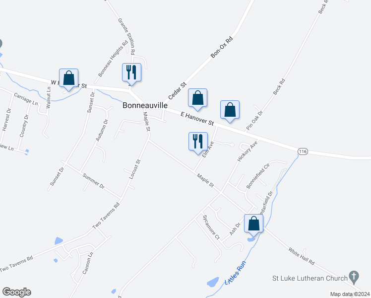 map of restaurants, bars, coffee shops, grocery stores, and more near 43A Maple Street in Gettysburg