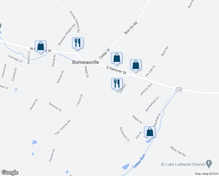 map of restaurants, bars, coffee shops, grocery stores, and more near 43A Maple Street in Gettysburg