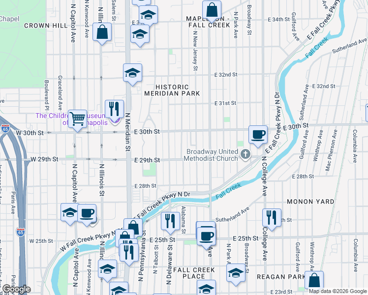 map of restaurants, bars, coffee shops, grocery stores, and more near 2902 North Washington Boulevard in Indianapolis