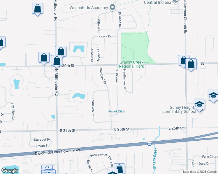 map of restaurants, bars, coffee shops, grocery stores, and more near 2737 Sheffield Drive in Indianapolis