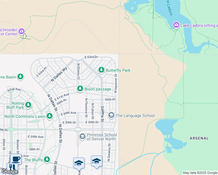 map of restaurants, bars, coffee shops, grocery stores, and more near 10002 East 64th Avenue in Denver
