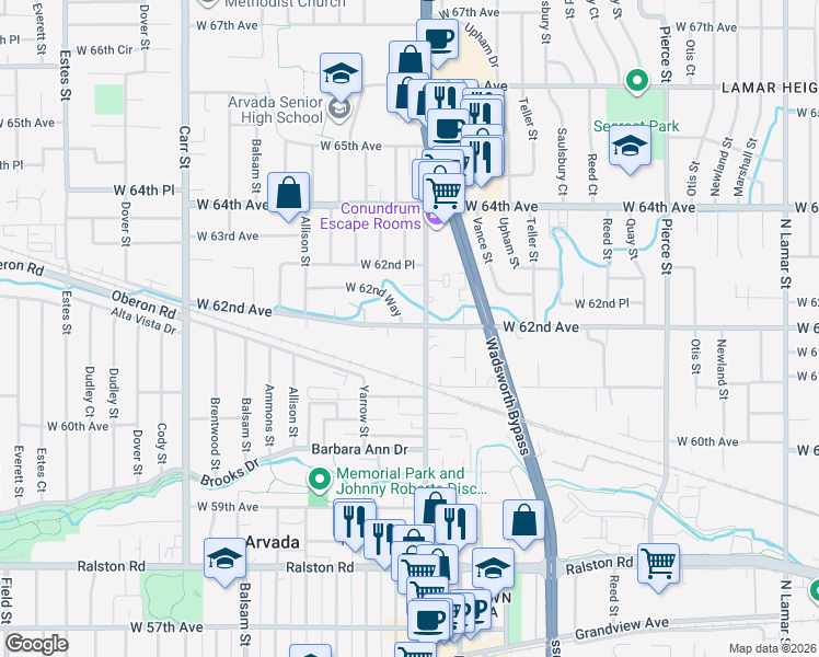 map of restaurants, bars, coffee shops, grocery stores, and more near 6161 Wadsworth Boulevard in Arvada