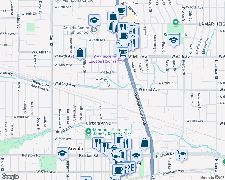 map of restaurants, bars, coffee shops, grocery stores, and more near 6161 Wadsworth Boulevard in Arvada