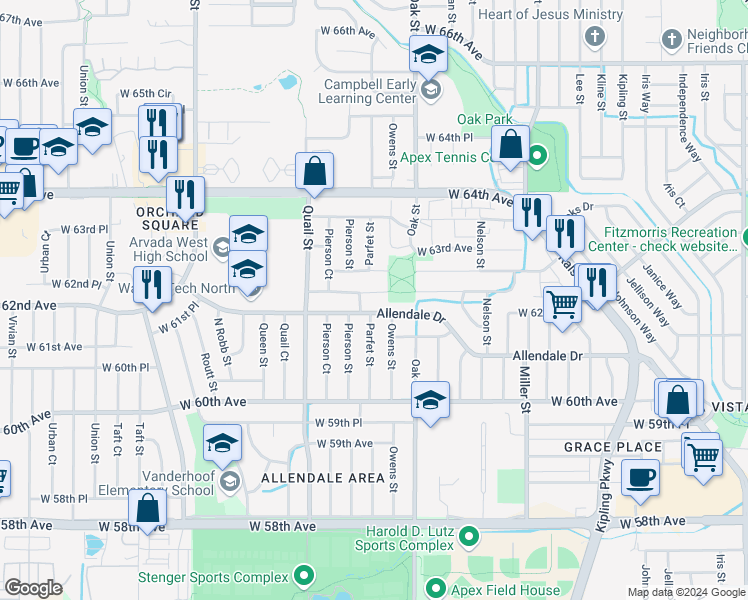 map of restaurants, bars, coffee shops, grocery stores, and more near 11054 Allendale Drive in Arvada