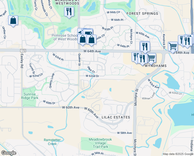 map of restaurants, bars, coffee shops, grocery stores, and more near 6001 McIntyre Street in Golden