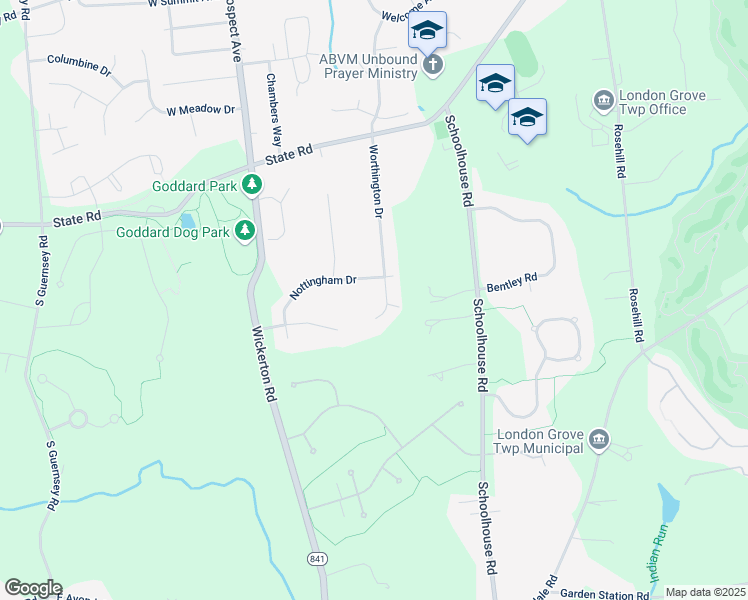 map of restaurants, bars, coffee shops, grocery stores, and more near 22 Worthington Drive in West Grove