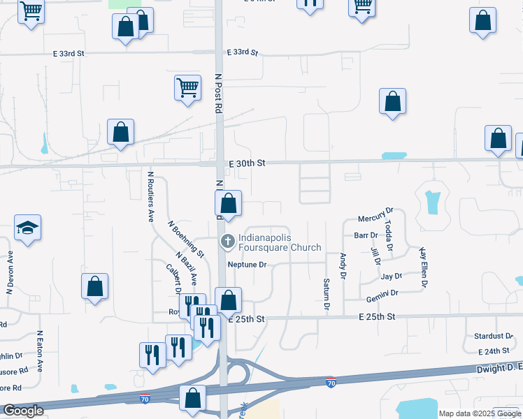 map of restaurants, bars, coffee shops, grocery stores, and more near 9112 Mercury Drive in Indianapolis