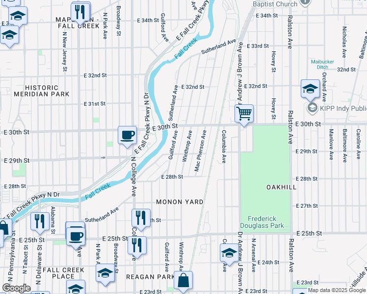 map of restaurants, bars, coffee shops, grocery stores, and more near 2832 Winthrop Avenue in Indianapolis
