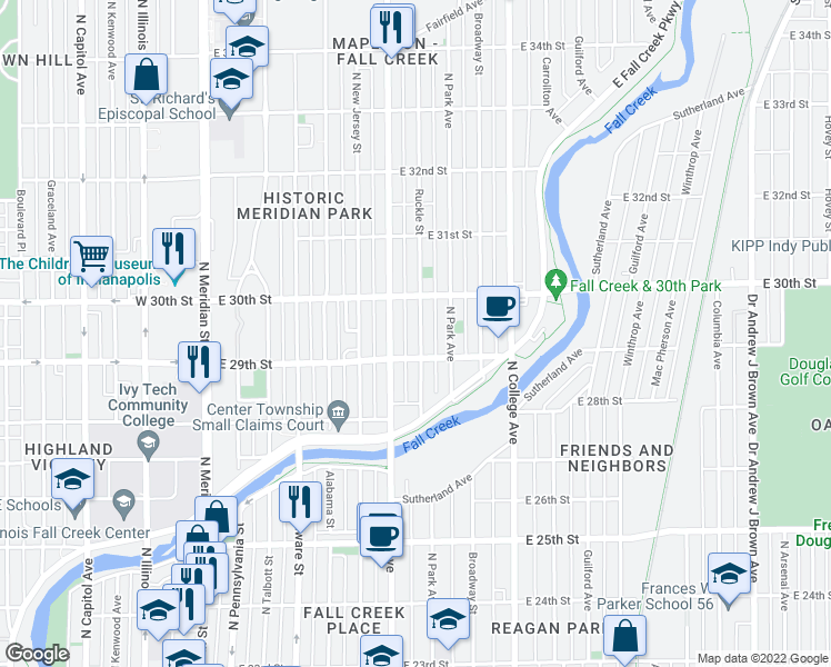 map of restaurants, bars, coffee shops, grocery stores, and more near 536 East 29th Street in Indianapolis