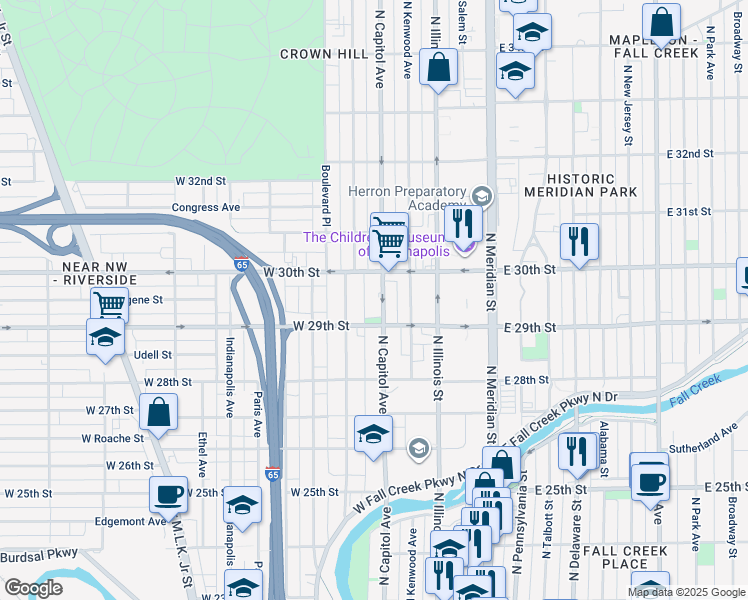 map of restaurants, bars, coffee shops, grocery stores, and more near in Indianapolis