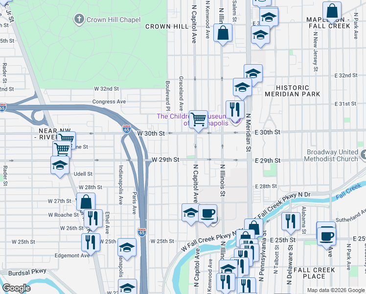 map of restaurants, bars, coffee shops, grocery stores, and more near 236 West 29th Street in Indianapolis