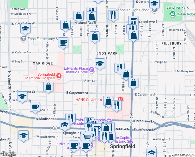 map of restaurants, bars, coffee shops, grocery stores, and more near 704 North 5th Street in Springfield