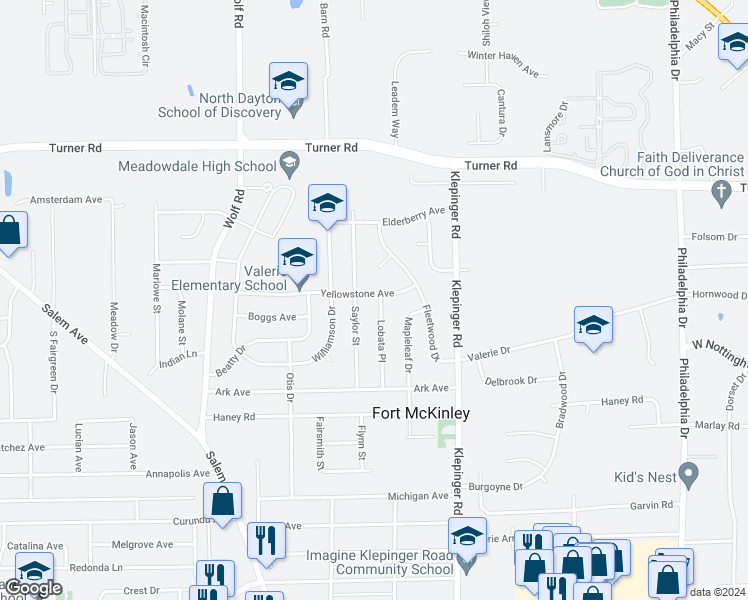 map of restaurants, bars, coffee shops, grocery stores, and more near 3690 Yellowstone Avenue in Dayton