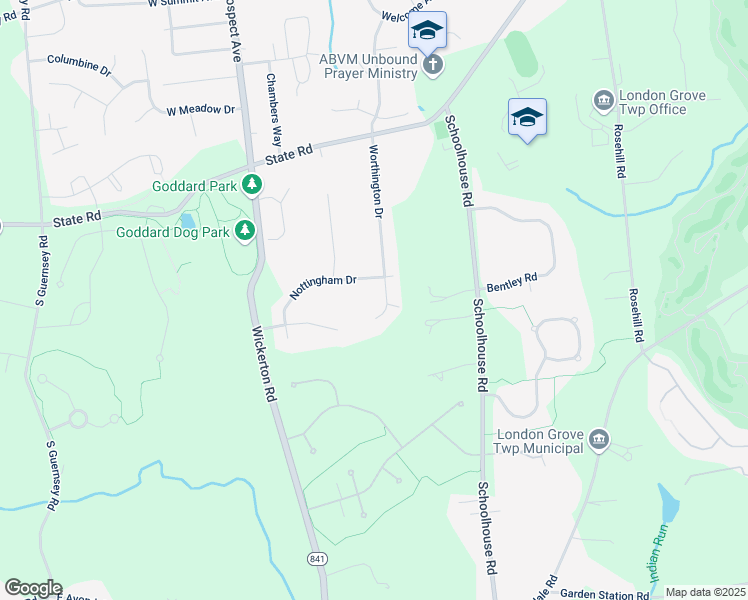 map of restaurants, bars, coffee shops, grocery stores, and more near 22 Worthington Drive in West Grove
