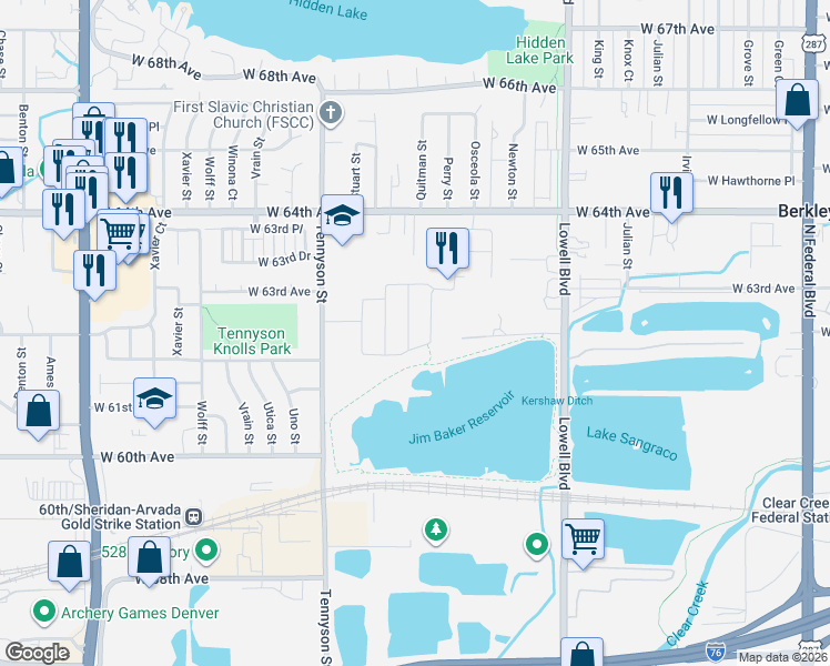 map of restaurants, bars, coffee shops, grocery stores, and more near 4074 West 61st Place in Arvada