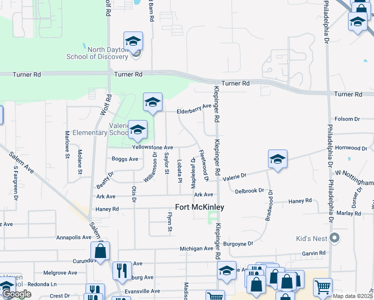 map of restaurants, bars, coffee shops, grocery stores, and more near 3640 Yellowstone Avenue in Dayton