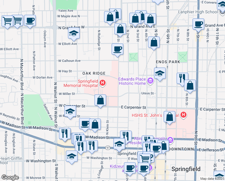 map of restaurants, bars, coffee shops, grocery stores, and more near 701 North 1st Street in Springfield
