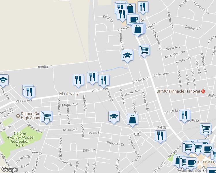 map of restaurants, bars, coffee shops, grocery stores, and more near 1 High Street in Hanover
