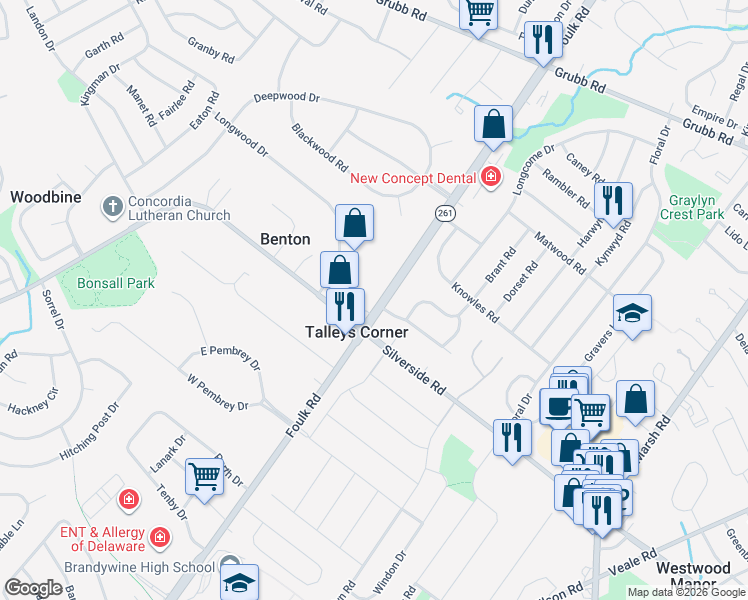 map of restaurants, bars, coffee shops, grocery stores, and more near in New Castle County