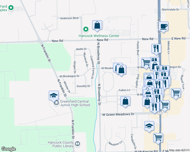 map of restaurants, bars, coffee shops, grocery stores, and more near 1717 Copeland Farms Drive in Greenfield