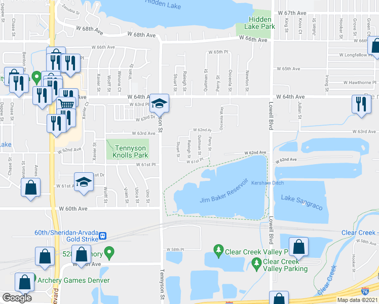 map of restaurants, bars, coffee shops, grocery stores, and more near 6168 Raleigh Street in Arvada
