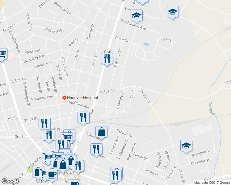 map of restaurants, bars, coffee shops, grocery stores, and more near 29 Ridge Avenue in Hanover