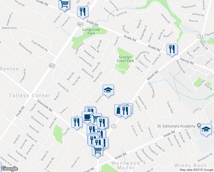 map of restaurants, bars, coffee shops, grocery stores, and more near 2001 Gravers Lane in Wilmington
