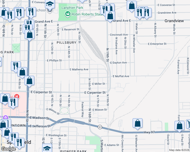 map of restaurants, bars, coffee shops, grocery stores, and more near 1621 East Moffat Avenue in Springfield