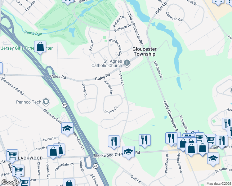 map of restaurants, bars, coffee shops, grocery stores, and more near 17 Juniper Lane in Sicklerville