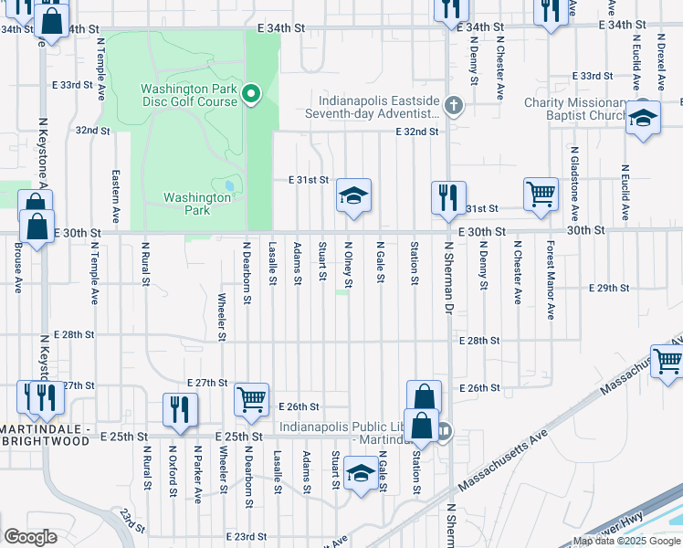 map of restaurants, bars, coffee shops, grocery stores, and more near 2946 North Olney Street in Indianapolis