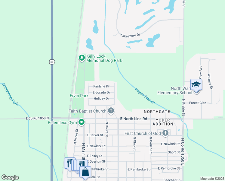 map of restaurants, bars, coffee shops, grocery stores, and more near 308 Fairlane Drive in Tuscola