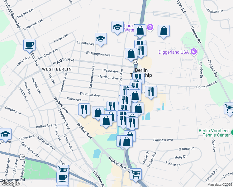 map of restaurants, bars, coffee shops, grocery stores, and more near 392 Morton Avenue in Berlin Township