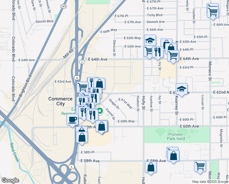 map of restaurants, bars, coffee shops, grocery stores, and more near Parkway Dr in Commerce City