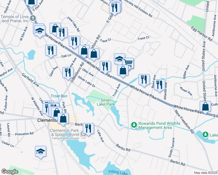 map of restaurants, bars, coffee shops, grocery stores, and more near 159 Ohio Avenue in Clementon