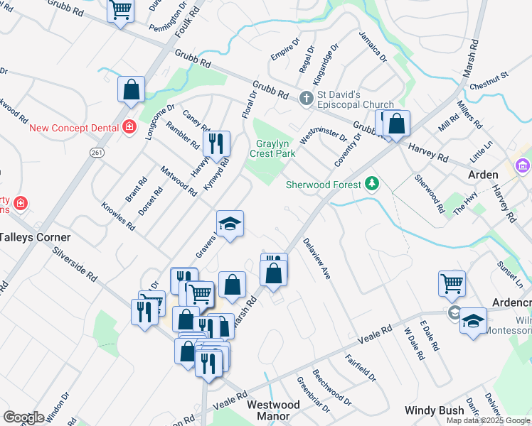 map of restaurants, bars, coffee shops, grocery stores, and more near 1912 Marsh Road in Wilmington