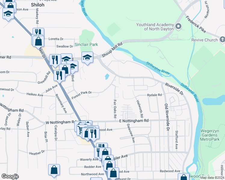 map of restaurants, bars, coffee shops, grocery stores, and more near 295 Pine Ridge Road in Dayton