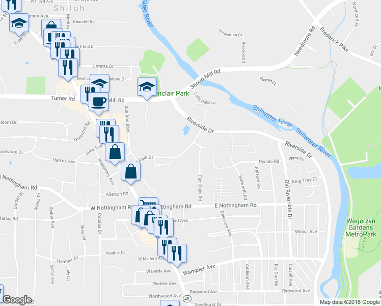 map of restaurants, bars, coffee shops, grocery stores, and more near 351 Forest Park Drive in Dayton