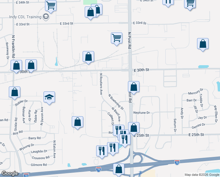 map of restaurants, bars, coffee shops, grocery stores, and more near 2908 North Boehning Street in Indianapolis