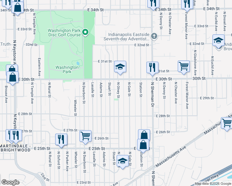 map of restaurants, bars, coffee shops, grocery stores, and more near 2946 North Olney Street in Indianapolis