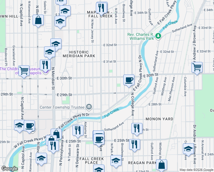 map of restaurants, bars, coffee shops, grocery stores, and more near 2953 Ruckle Street in Indianapolis