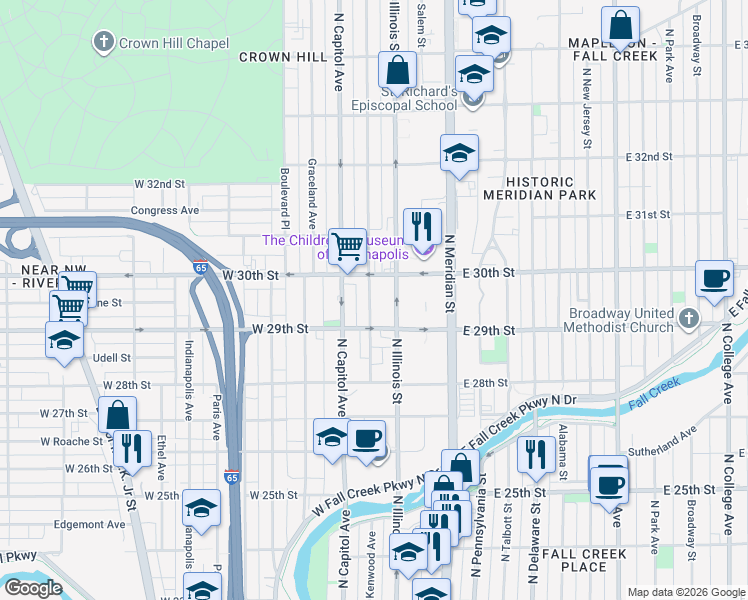 map of restaurants, bars, coffee shops, grocery stores, and more near in Indianapolis