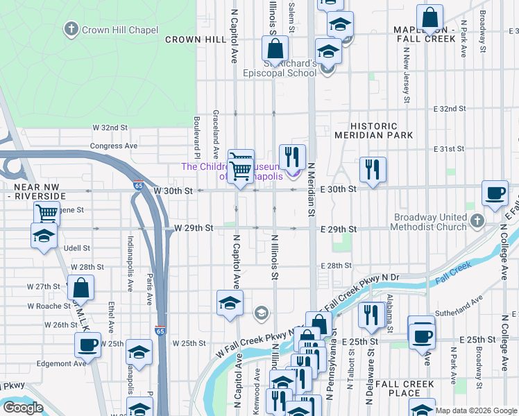 map of restaurants, bars, coffee shops, grocery stores, and more near in Indianapolis