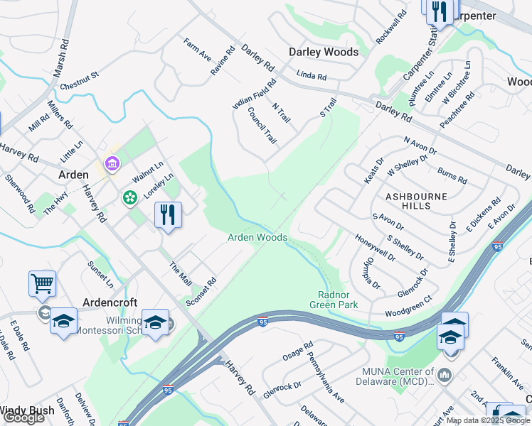 map of restaurants, bars, coffee shops, grocery stores, and more near 69 Indian Field Road in Wilmington
