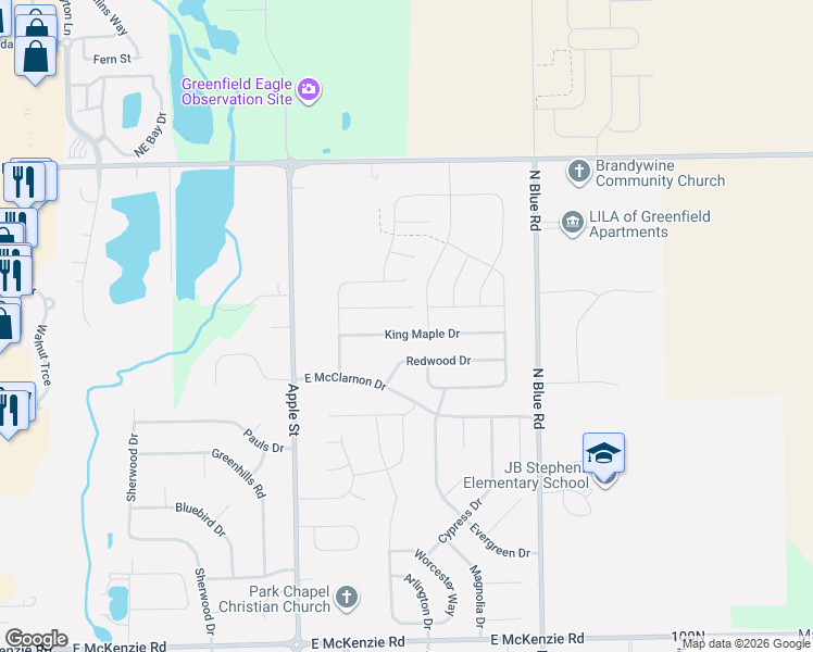 map of restaurants, bars, coffee shops, grocery stores, and more near 1180 King Maple Drive in Greenfield