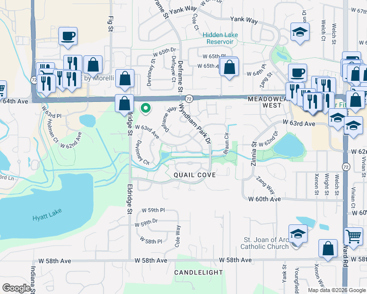 map of restaurants, bars, coffee shops, grocery stores, and more near 6310 Deframe Way in Arvada