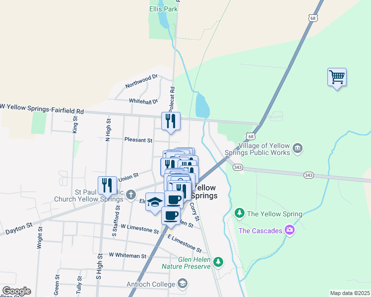map of restaurants, bars, coffee shops, grocery stores, and more near 305 Walnut Street in Yellow Springs