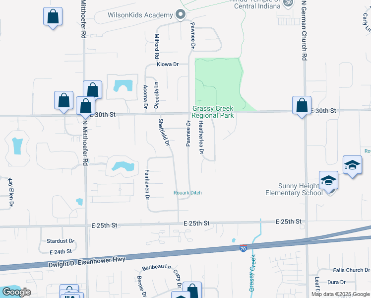 map of restaurants, bars, coffee shops, grocery stores, and more near 2845 Pawnee Drive in Indianapolis