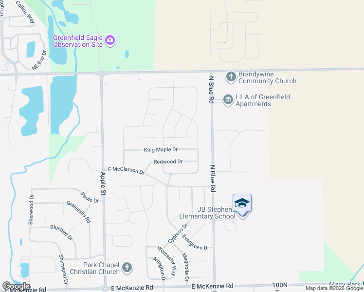 map of restaurants, bars, coffee shops, grocery stores, and more near 1364 King Maple Drive in Greenfield