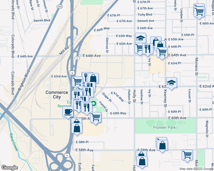 map of restaurants, bars, coffee shops, grocery stores, and more near 6230 Glencoe Street in Commerce City