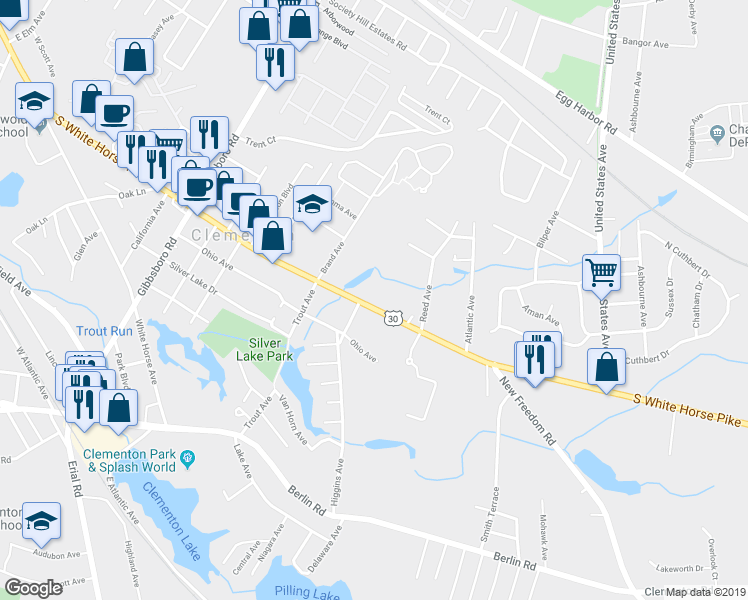 map of restaurants, bars, coffee shops, grocery stores, and more near 209 White Horse Pike in Clementon